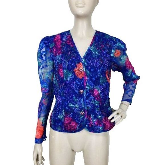 VTG 90s Patra Colorful Chiffon Puff Sleeve Floral Popcorn Buttoned Blouse Jacket - Picture 9 of 10